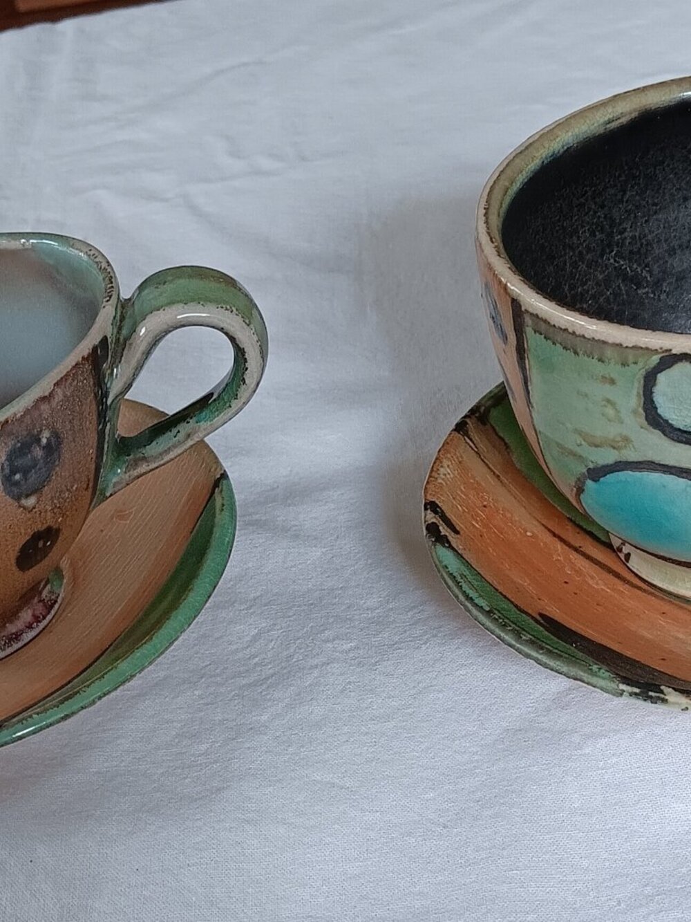 2 Elise Pincu Pottery Cups & Saucers Green Tan Colorway